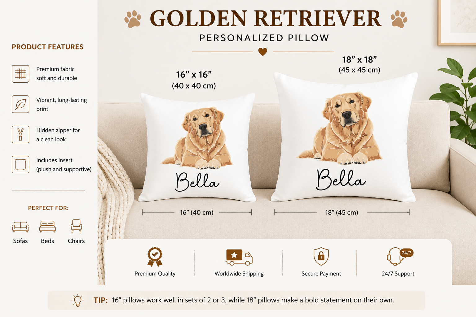 16x16 and 18x18 Golden Retriever personalised pillow size comparison
