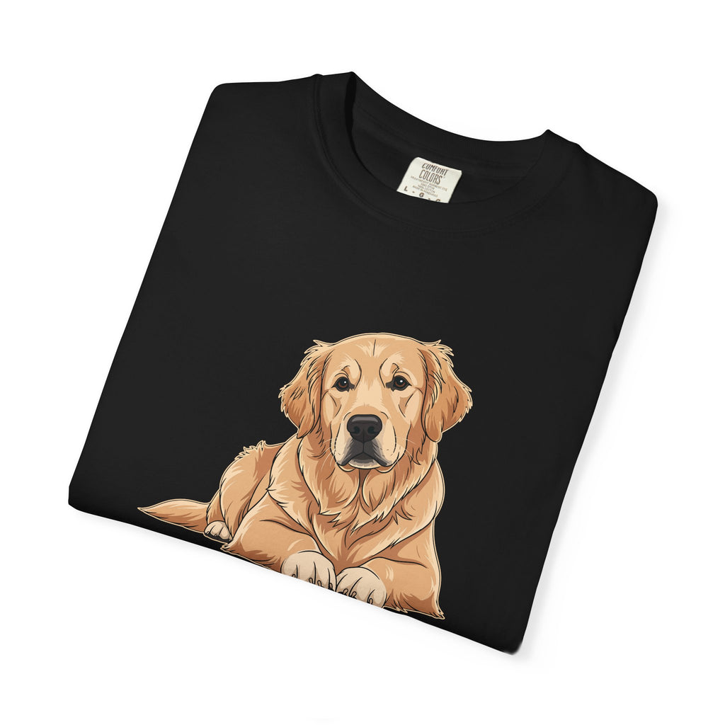 Woman wearing personalised Golden Retriever T-shirt - lifestyle photo