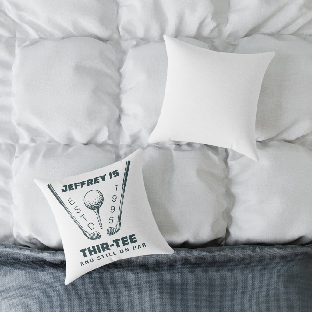Close-up of custom name and birth year on golf pillow design