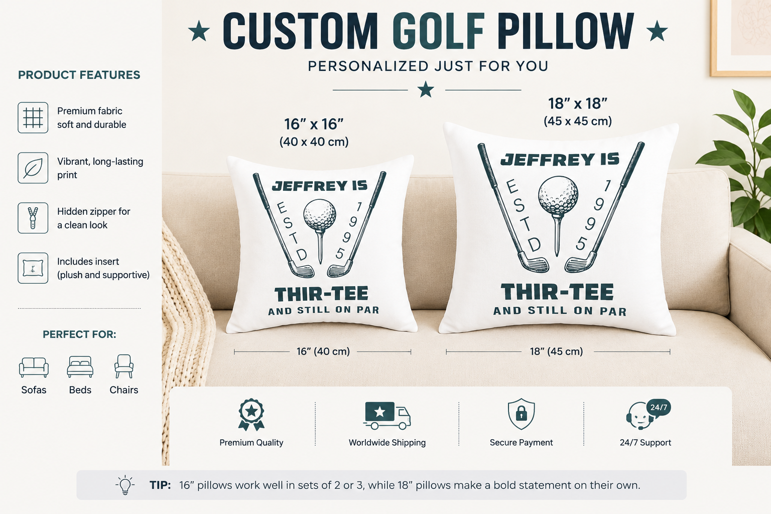 16x16 and 18x18 golf birthday pillow size comparison