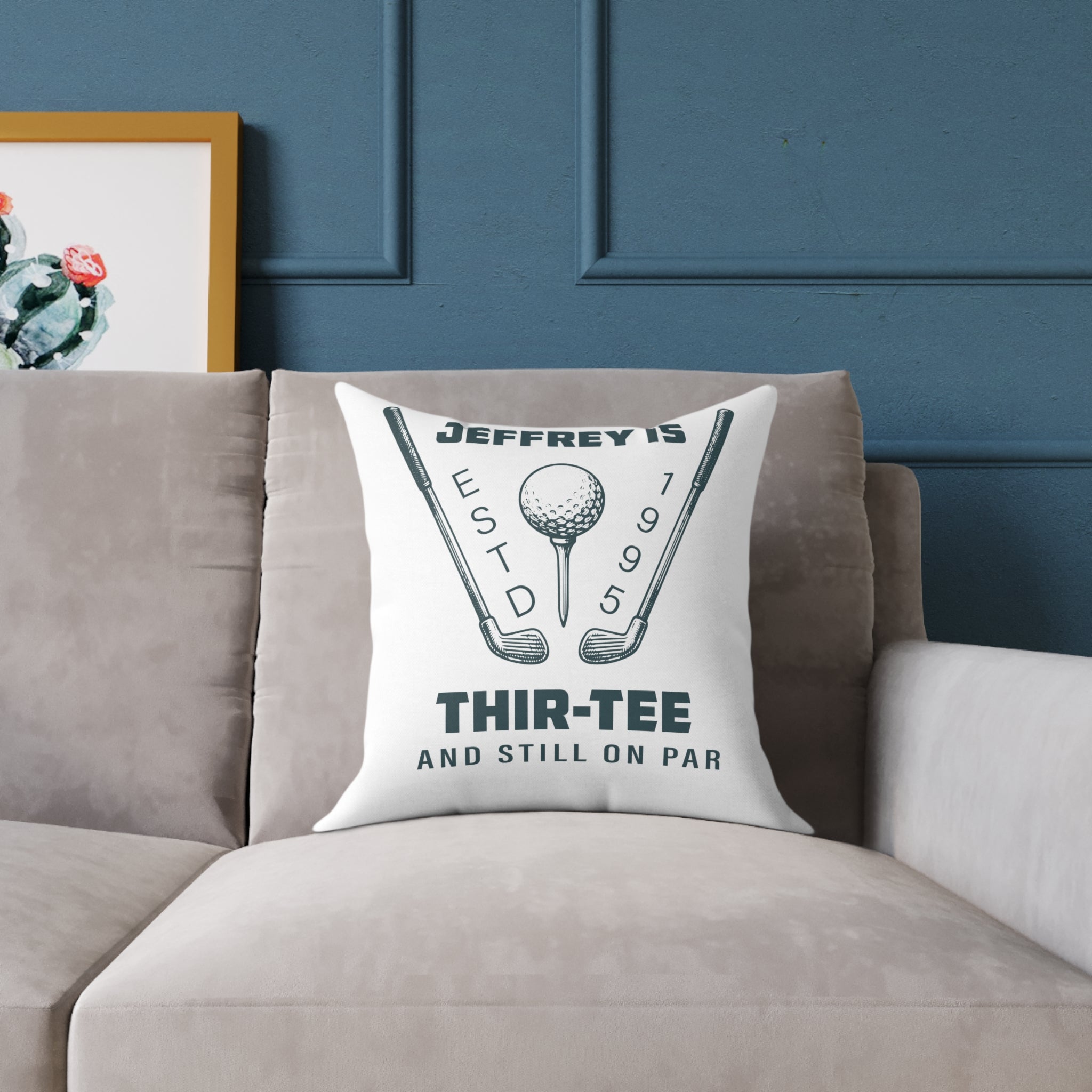 Golf birthday pillow displayed on a sofa – milestone gift idea