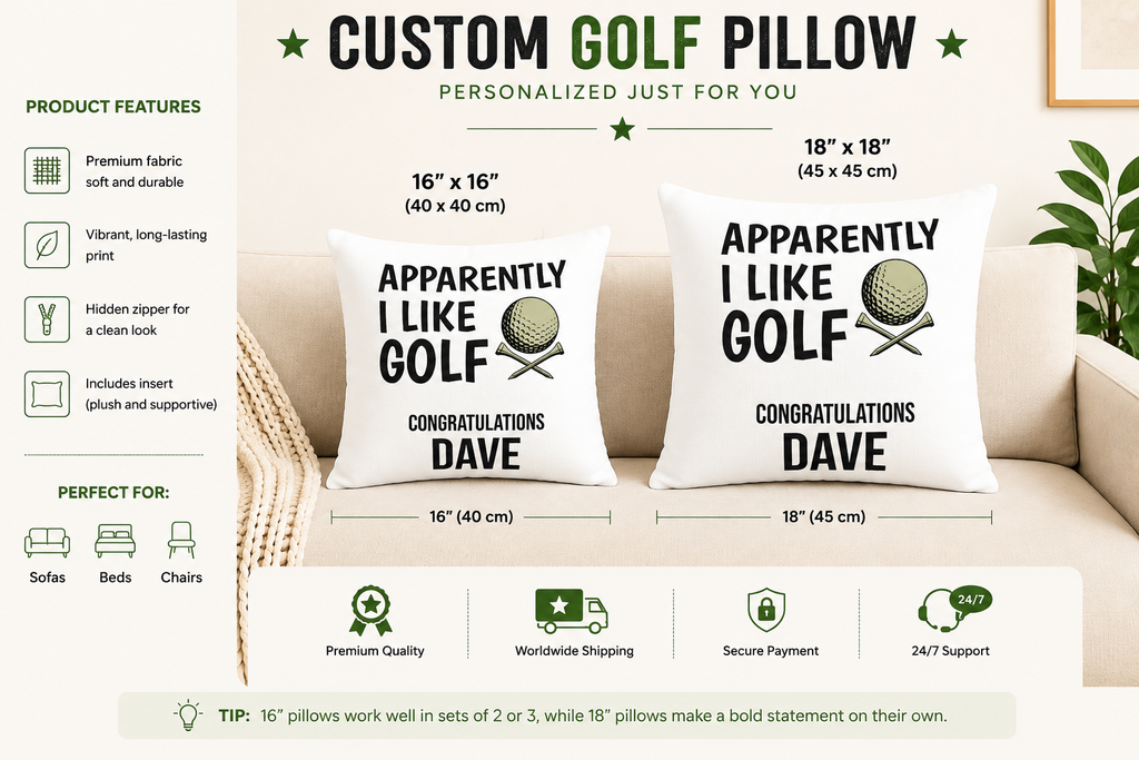 16x16 and 18x18 golf congratulations pillow size comparison