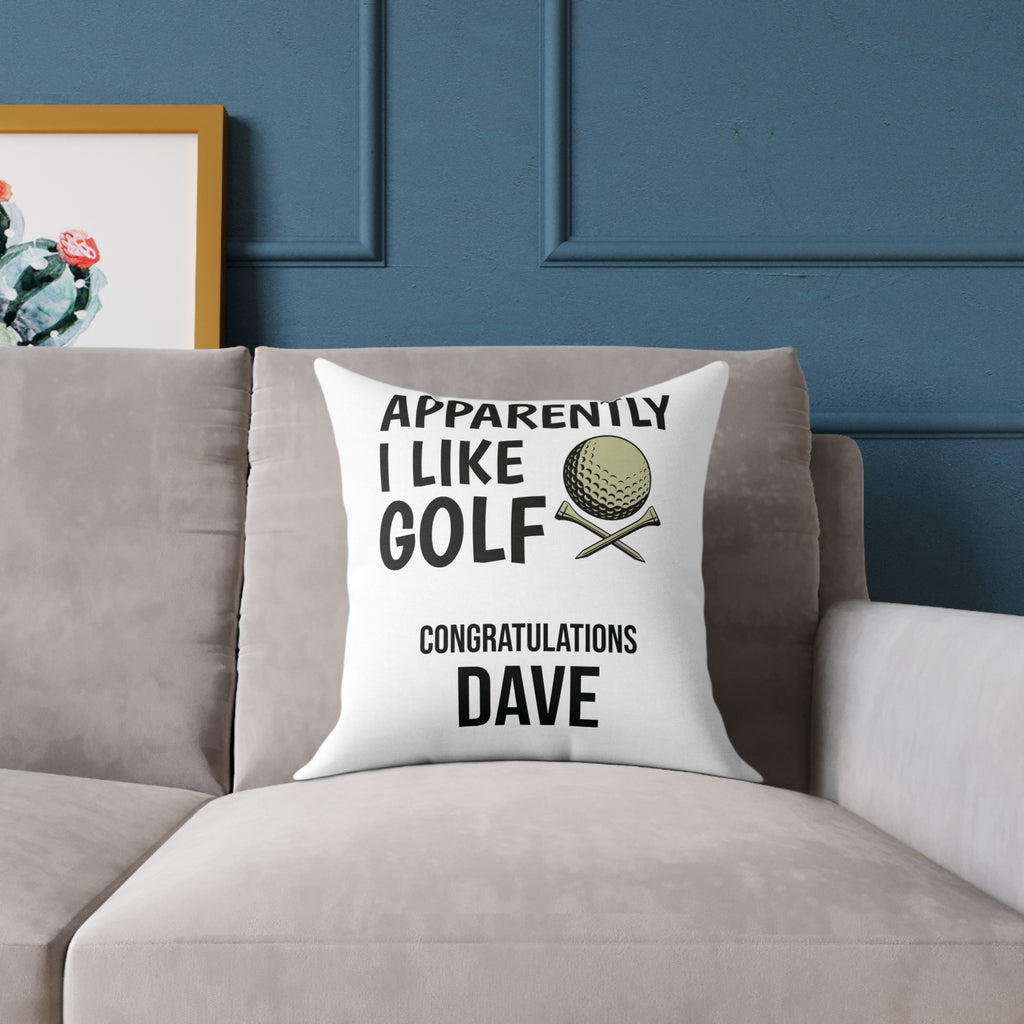 Golf congratulations pillow displayed on a sofa – retirement gift idea