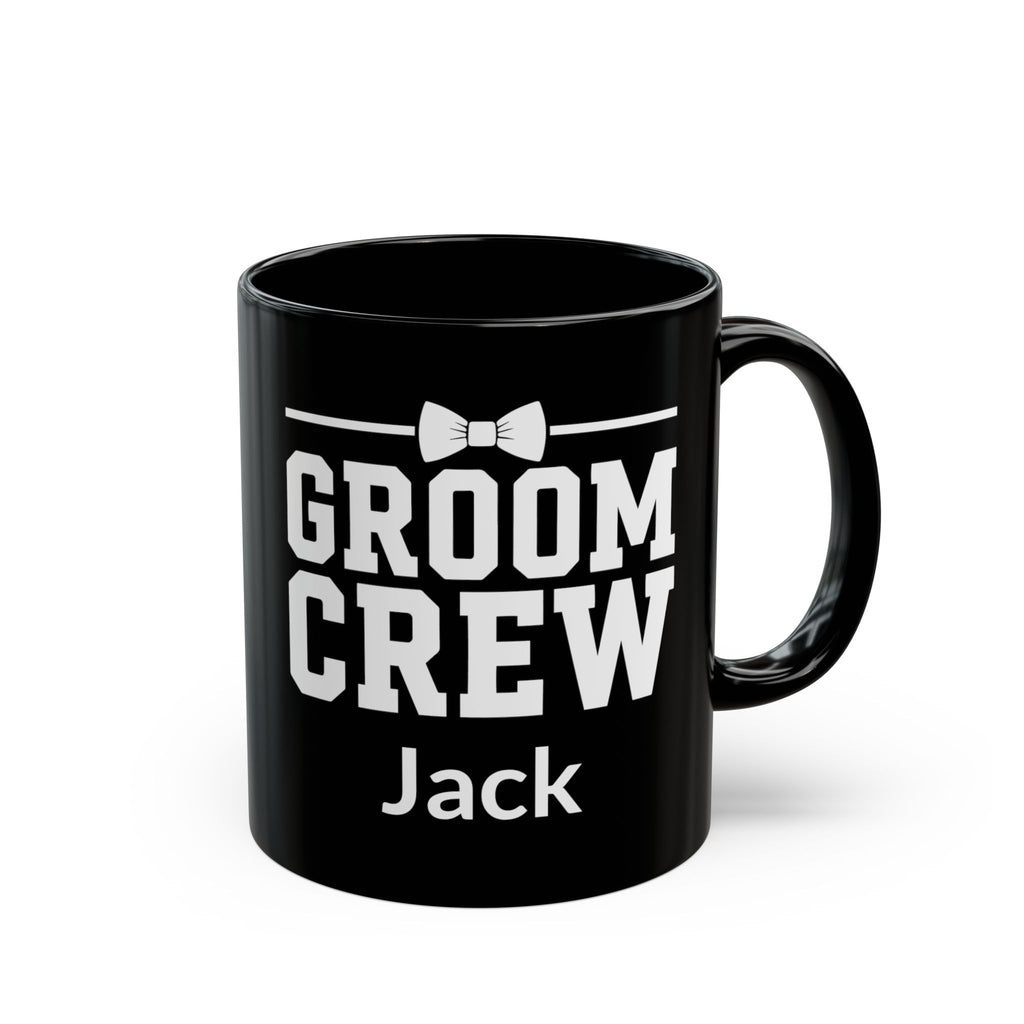 Personalised black Groom Crew mug with custom name