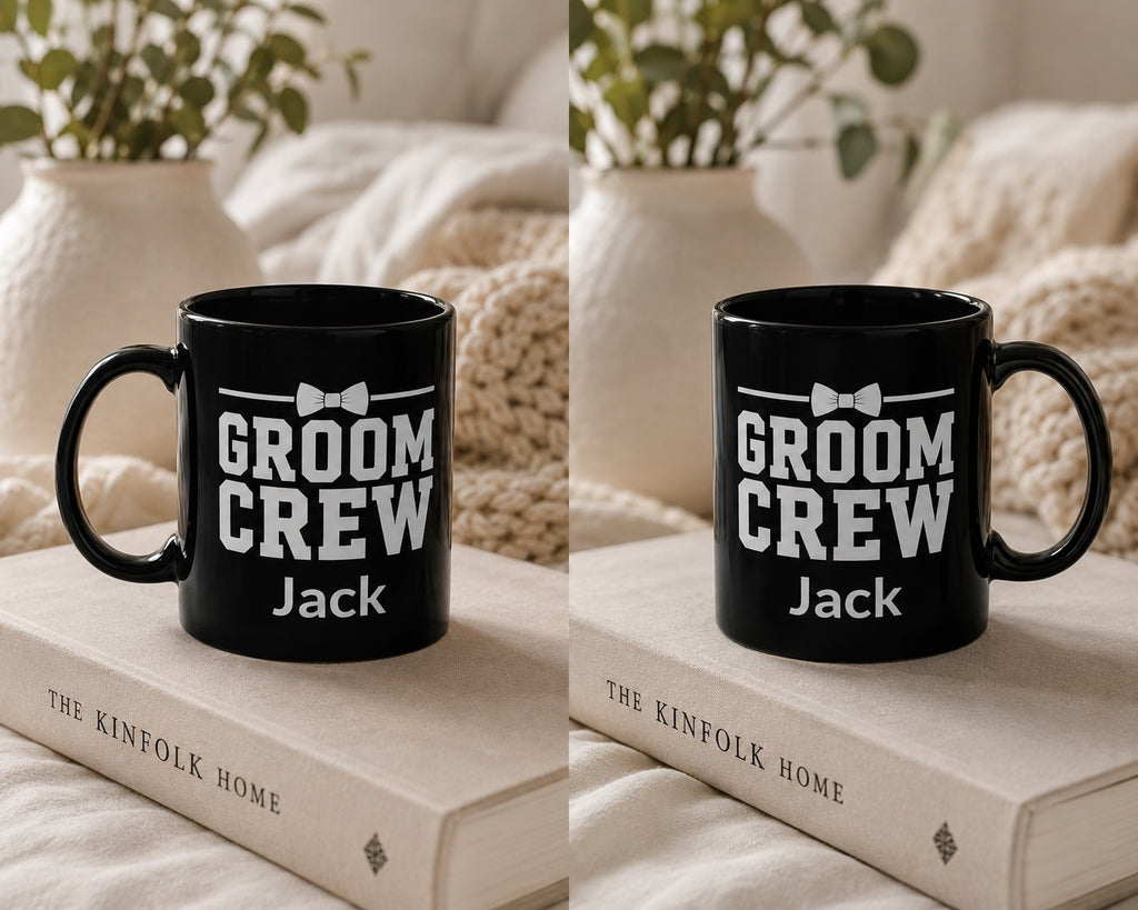 Groom Crew mug on a kitchen counter – groomsmen gift idea