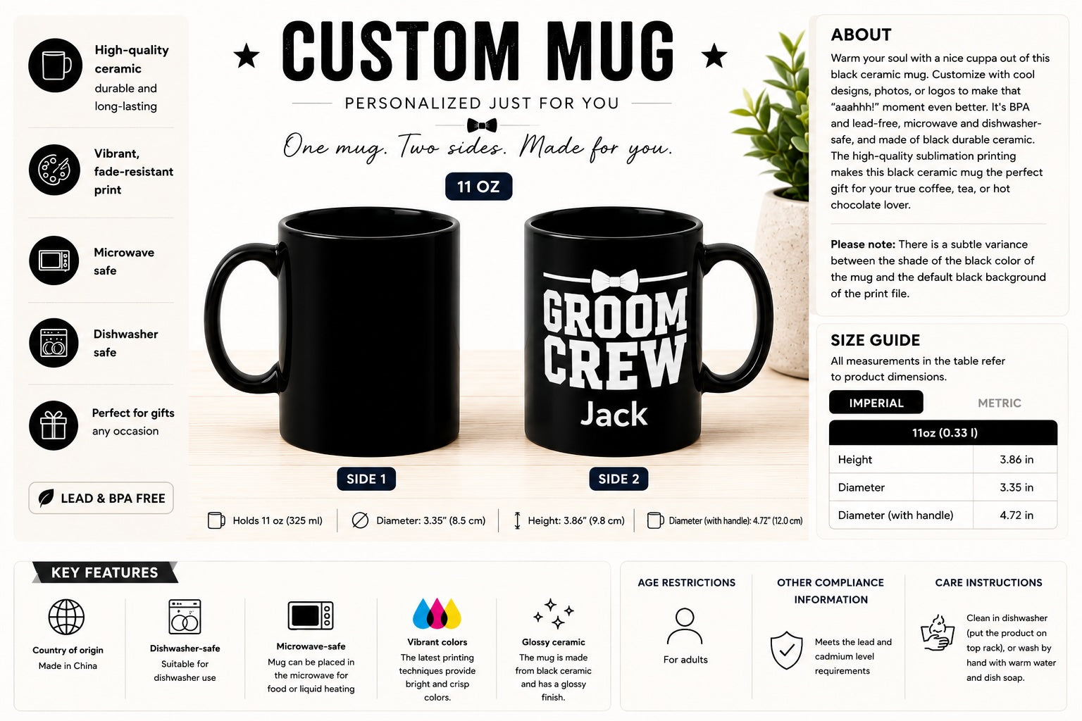 11oz Groom Crew mug size and personalisation guide