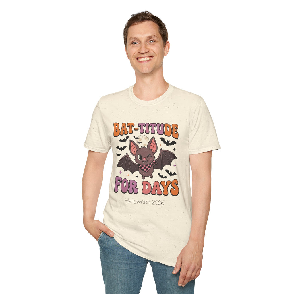 Back view of the natural Bat-titude Halloween t-shirt, plain back