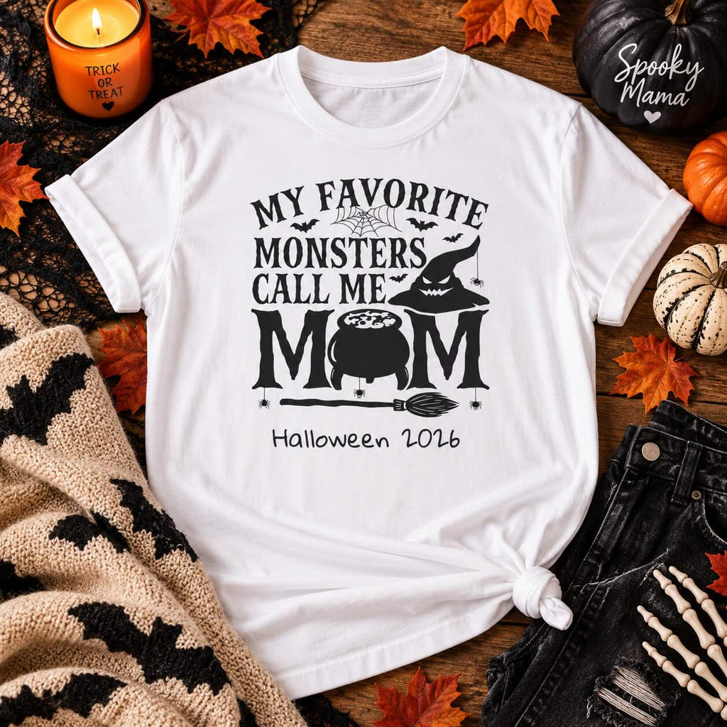 My Favorite Monsters Call Me Mom Halloween t-shirt styled flat lay with pumpkins, candle, and fall props