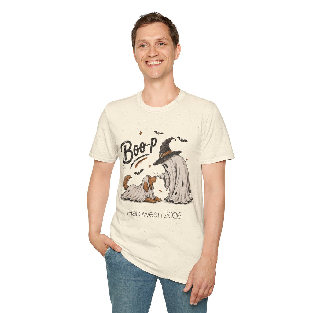 Back view of the natural Halloween ghost and dog boo-p t-shirt, plain back