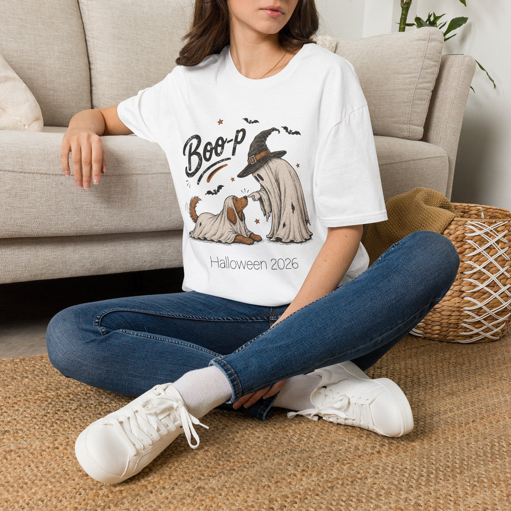 Back view of the white Halloween ghost and dog boo-p t-shirt, plain back