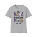 Woman wearing white This Mama Loves Her Boos personalized Halloween t-shirt, lifestyle shot