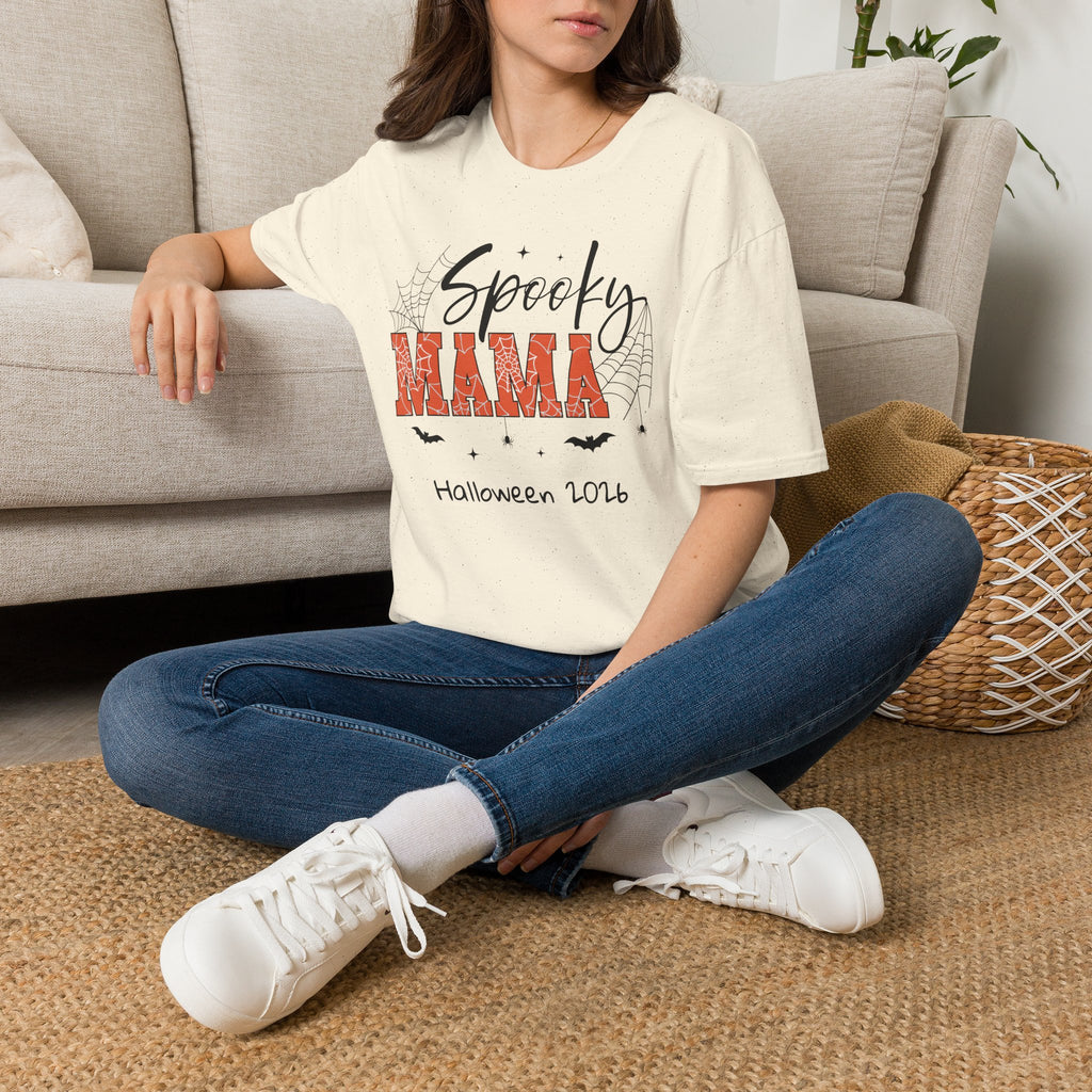 Woman wearing natural Spooky Mama Halloween t-shirt, lifestyle shot