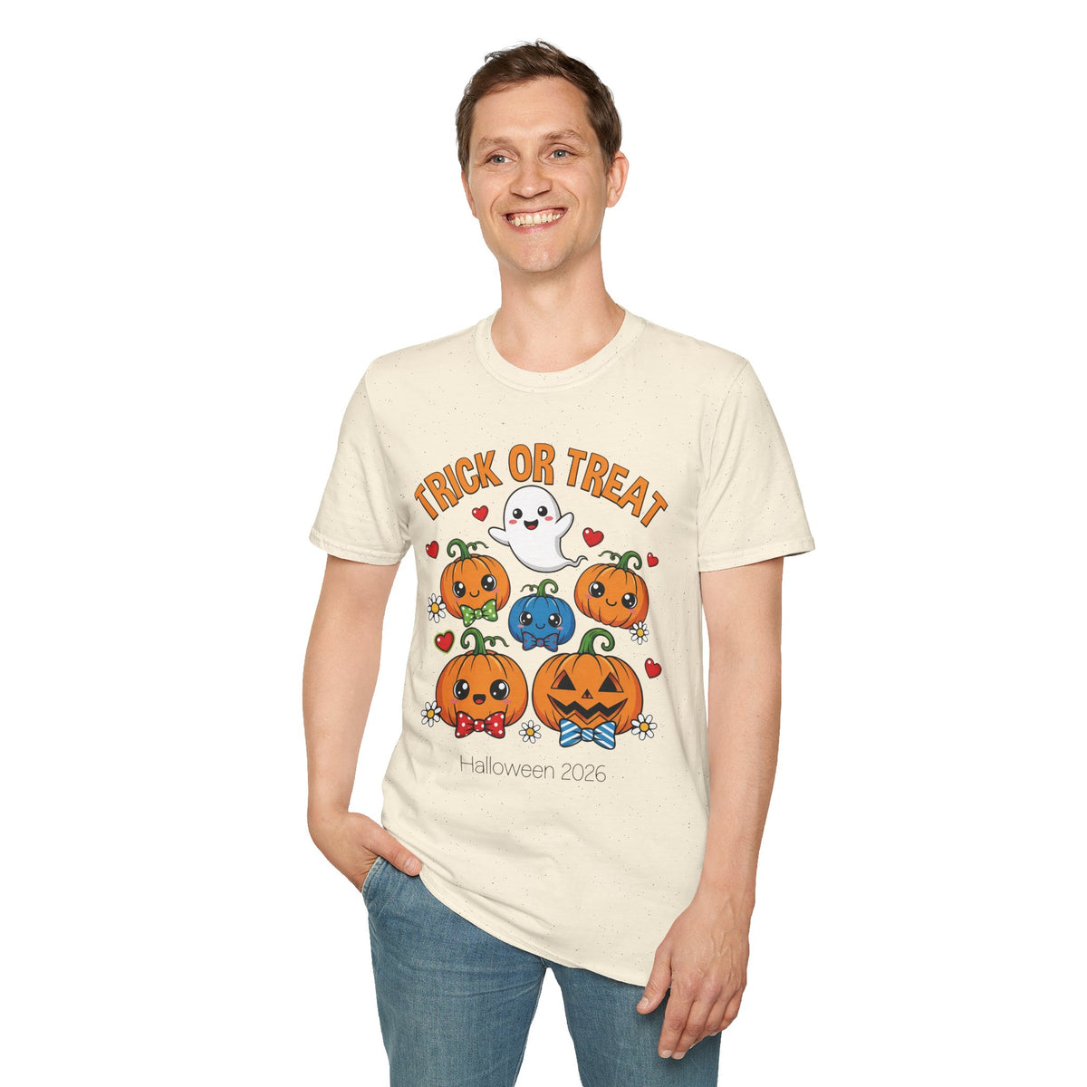 Back view of the natural Trick or Treat pumpkin Halloween t-shirt, plain back