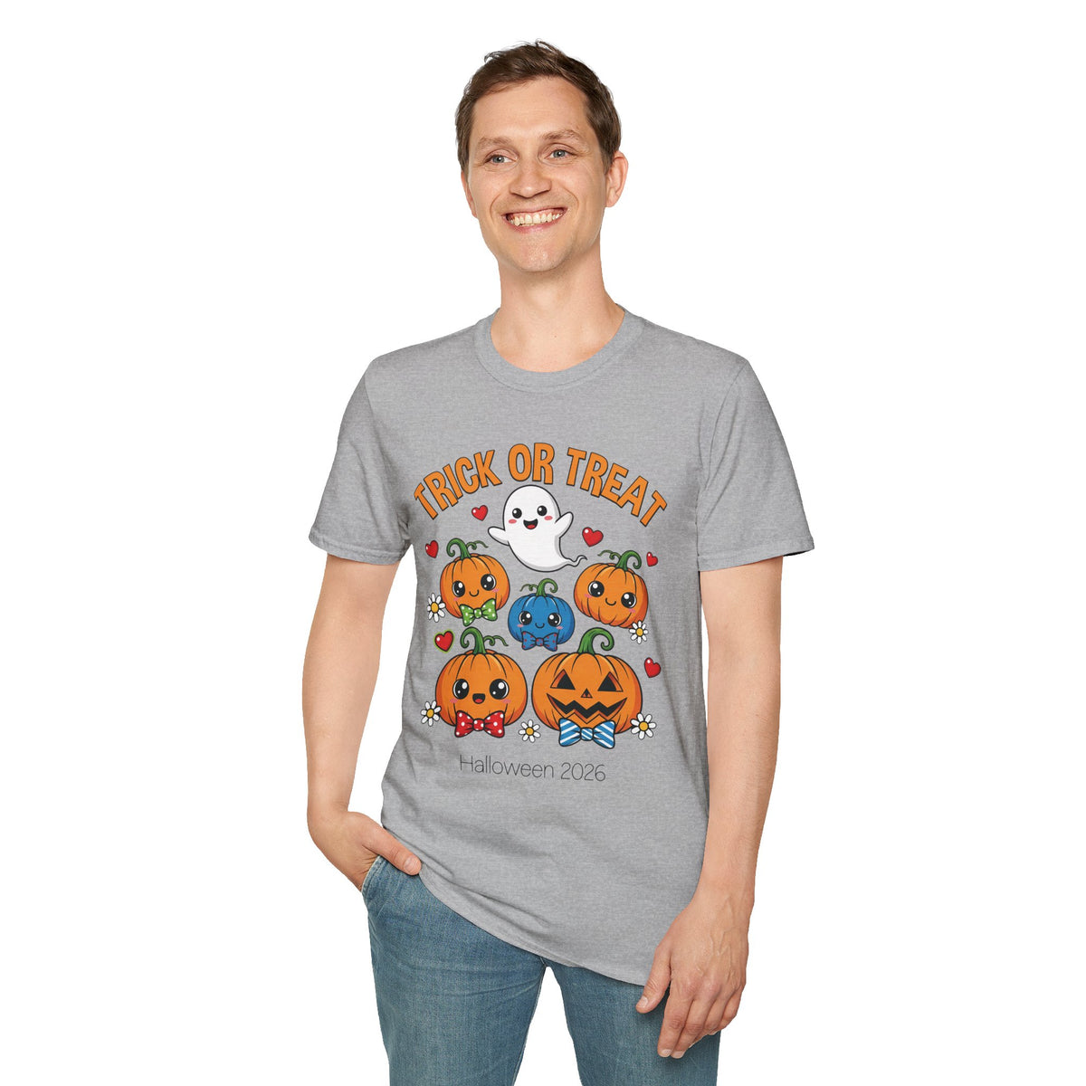 Trick or Treat pumpkin squad Halloween 2026 t-shirt in natural, flat lay