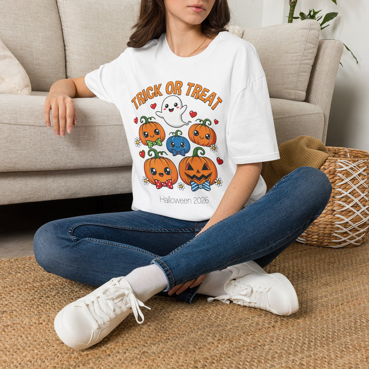 Back view of the white Trick or Treat pumpkin Halloween t-shirt, plain back