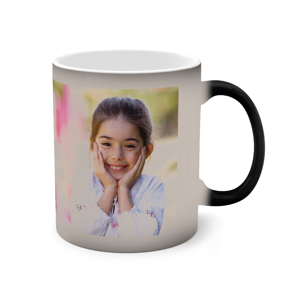 Personalised Happy Birthday colour-changing mug revealing custom photo when hot - front view