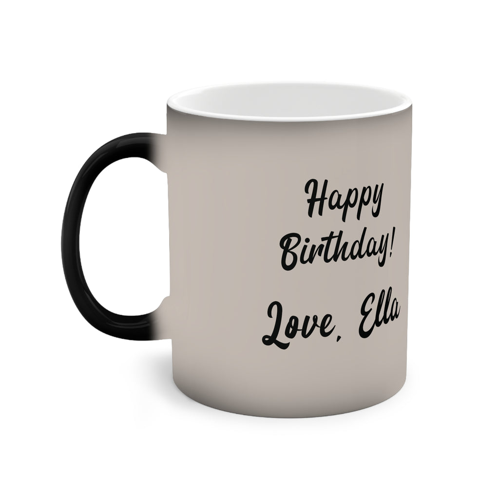 Happy Birthday magic mug showing personalised message side - heat-sensitive design