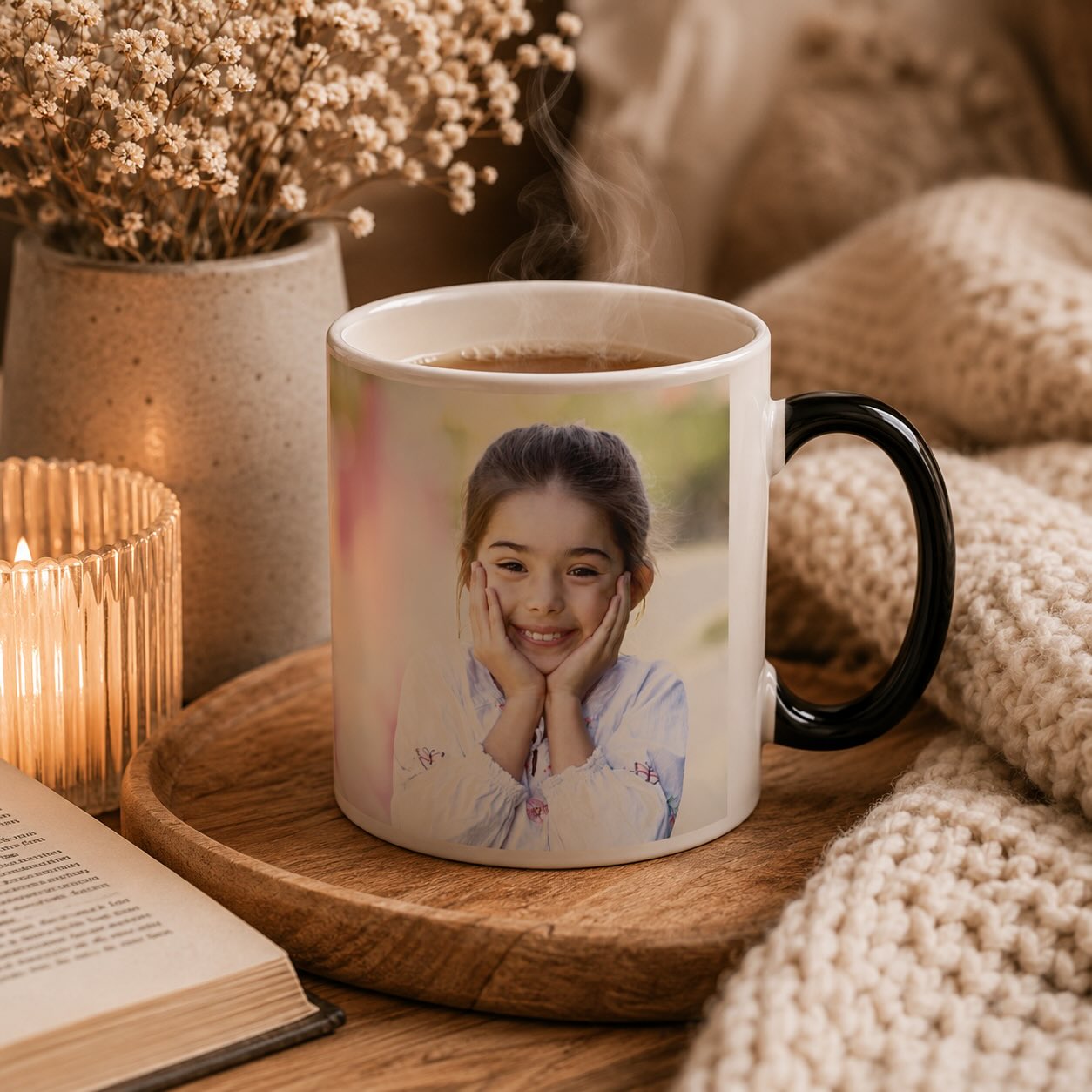 Happy Birthday colour-changing mug shown with a personalized custom photo printed on the ceramic