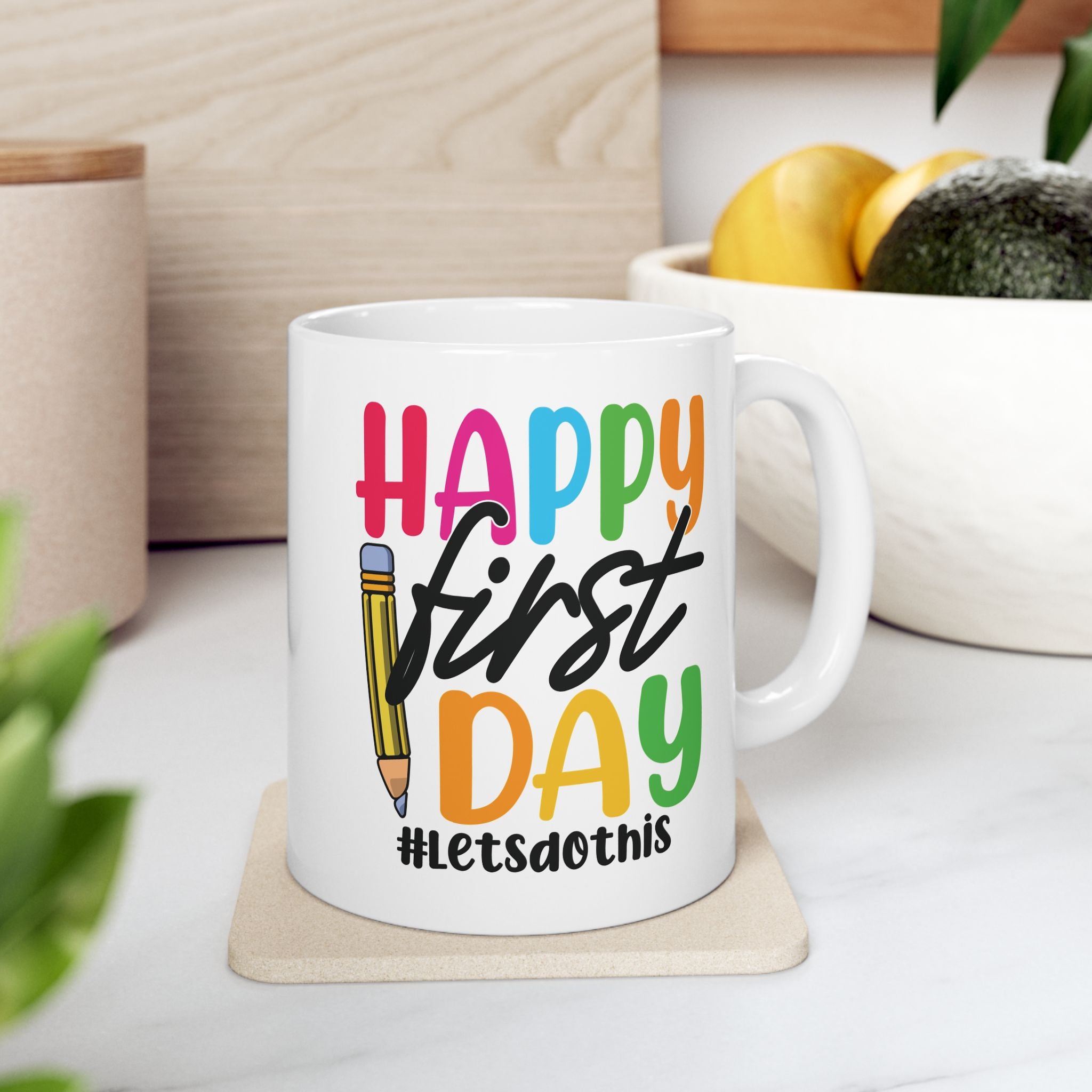 Happy First Day custom name mug in cosy setting - lifestyle photo