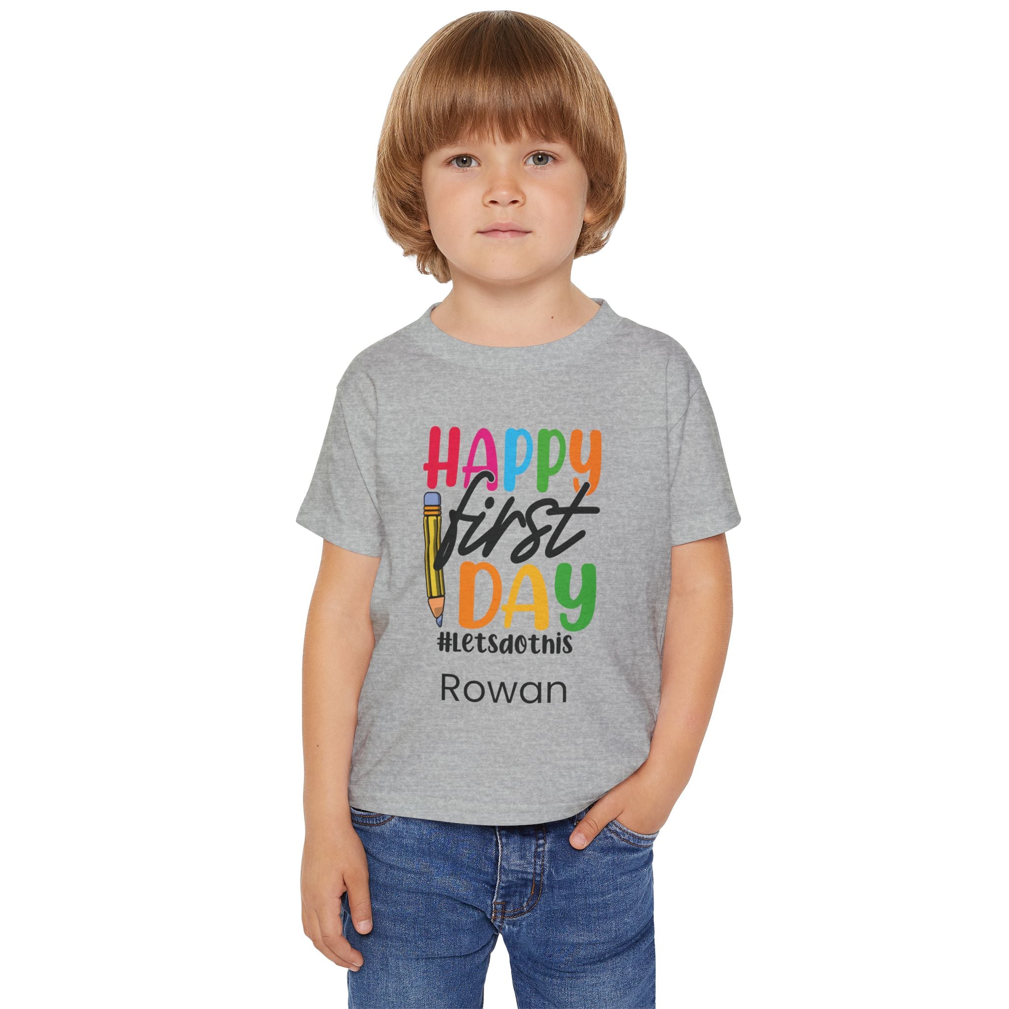Toddler wearing Happy First Day #LetsDoThis personalised tee - lifestyle photo