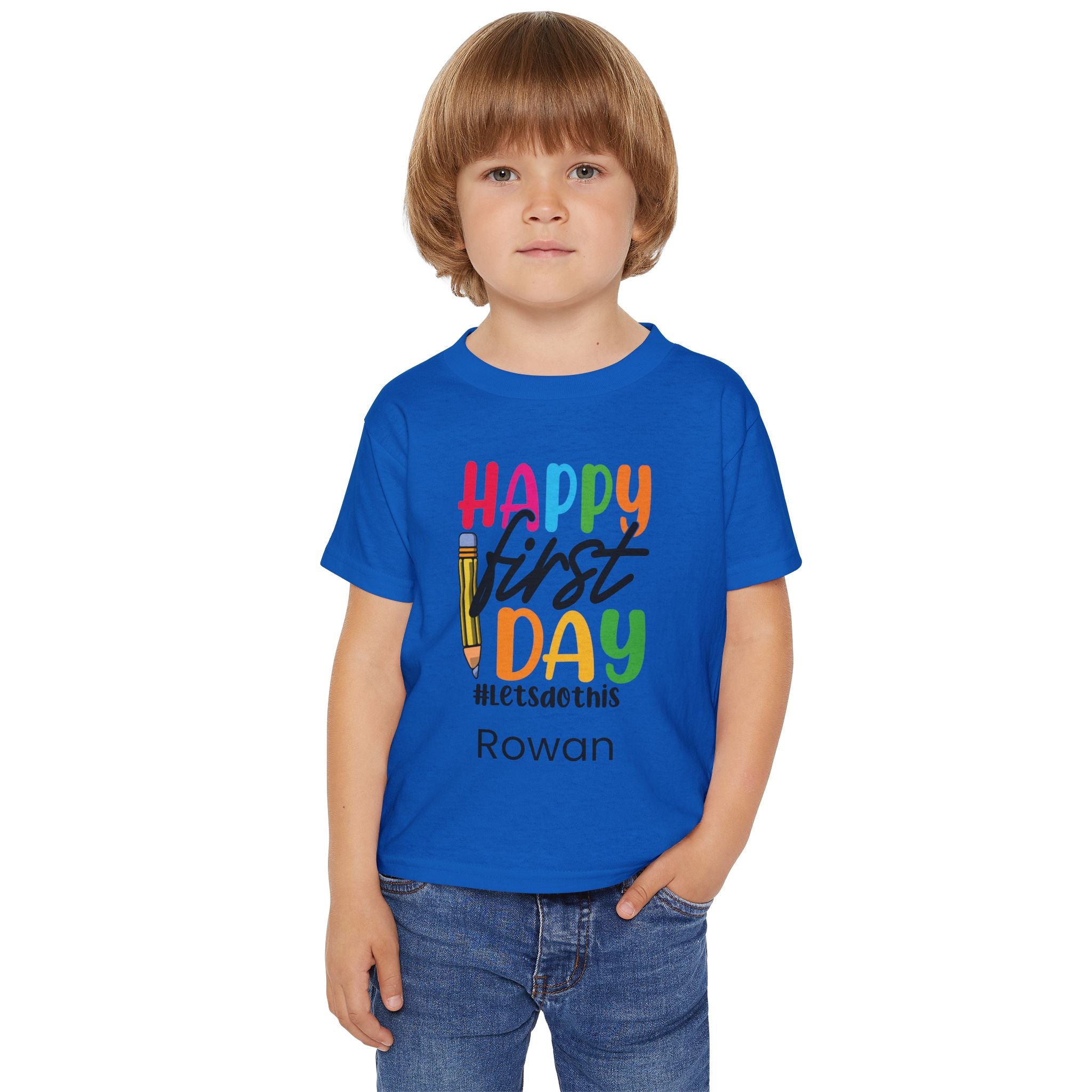 Happy First Day toddler tee - child lifestyle photo in light blue
