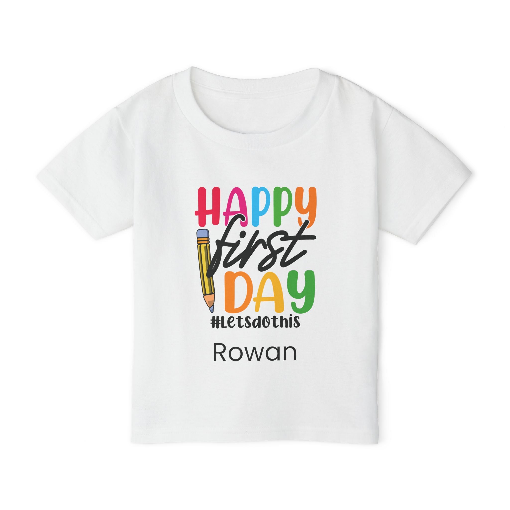 Personalised Happy First Day toddler tee - light blue colour with custom name front view