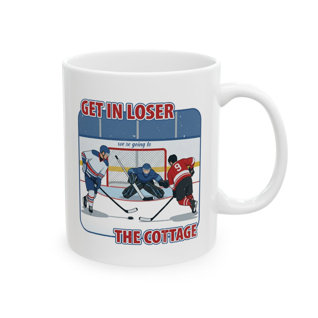 Personalised hockey mug - Get in Loser We're Going to the Cottage with ice hockey crest design front view