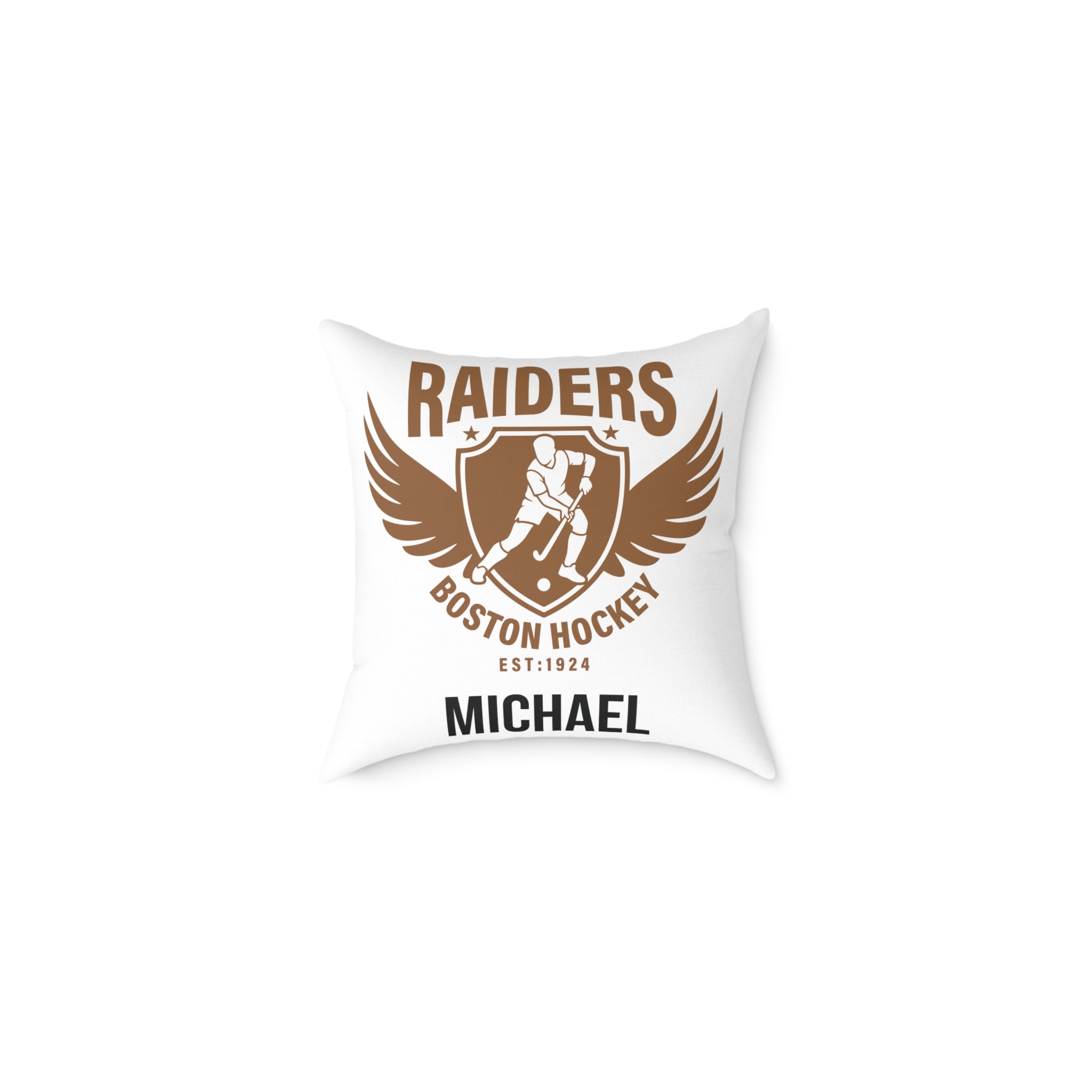 Personalised hockey pillow with Raiders crest design and custom name