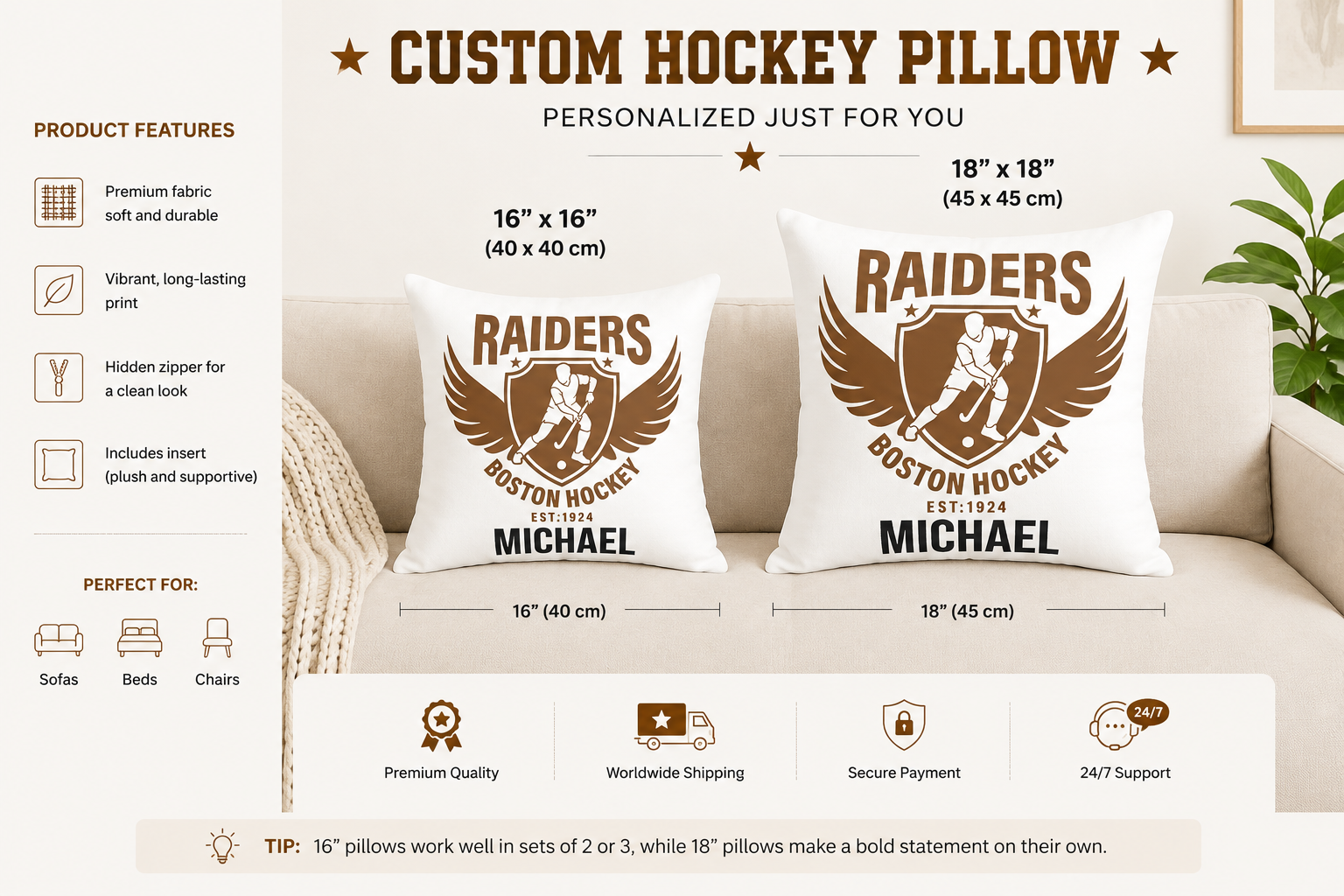 16x16 and 18x18 personalised hockey pillow size comparison on sofa