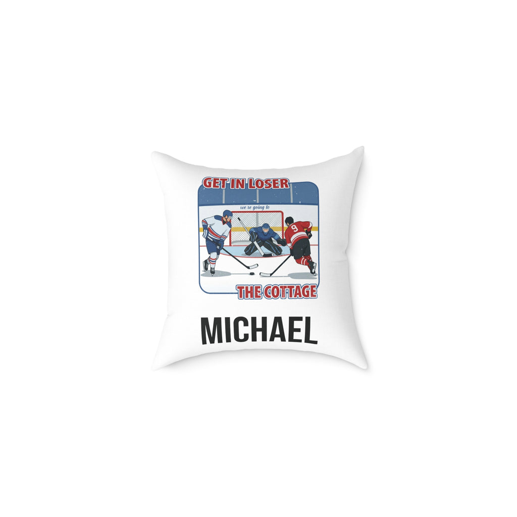 Personalised hockey pillow with Get In Loser design and custom name