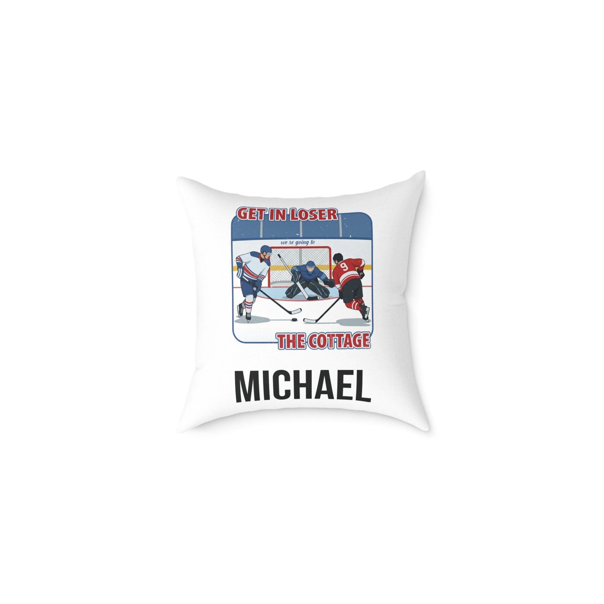 Personalised hockey pillow with Get In Loser design and custom name