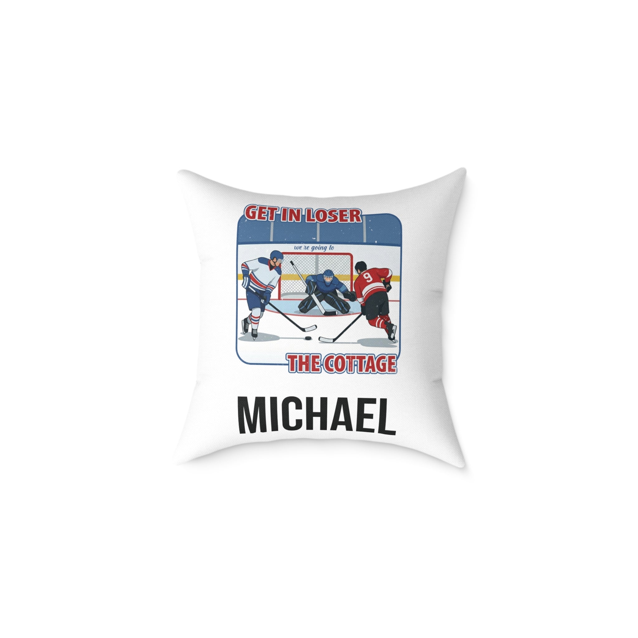 Get In Loser hockey pillow in a man cave living room setting