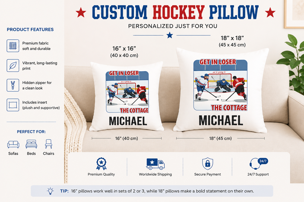 16x16 and 18x18 hockey pillow size comparison