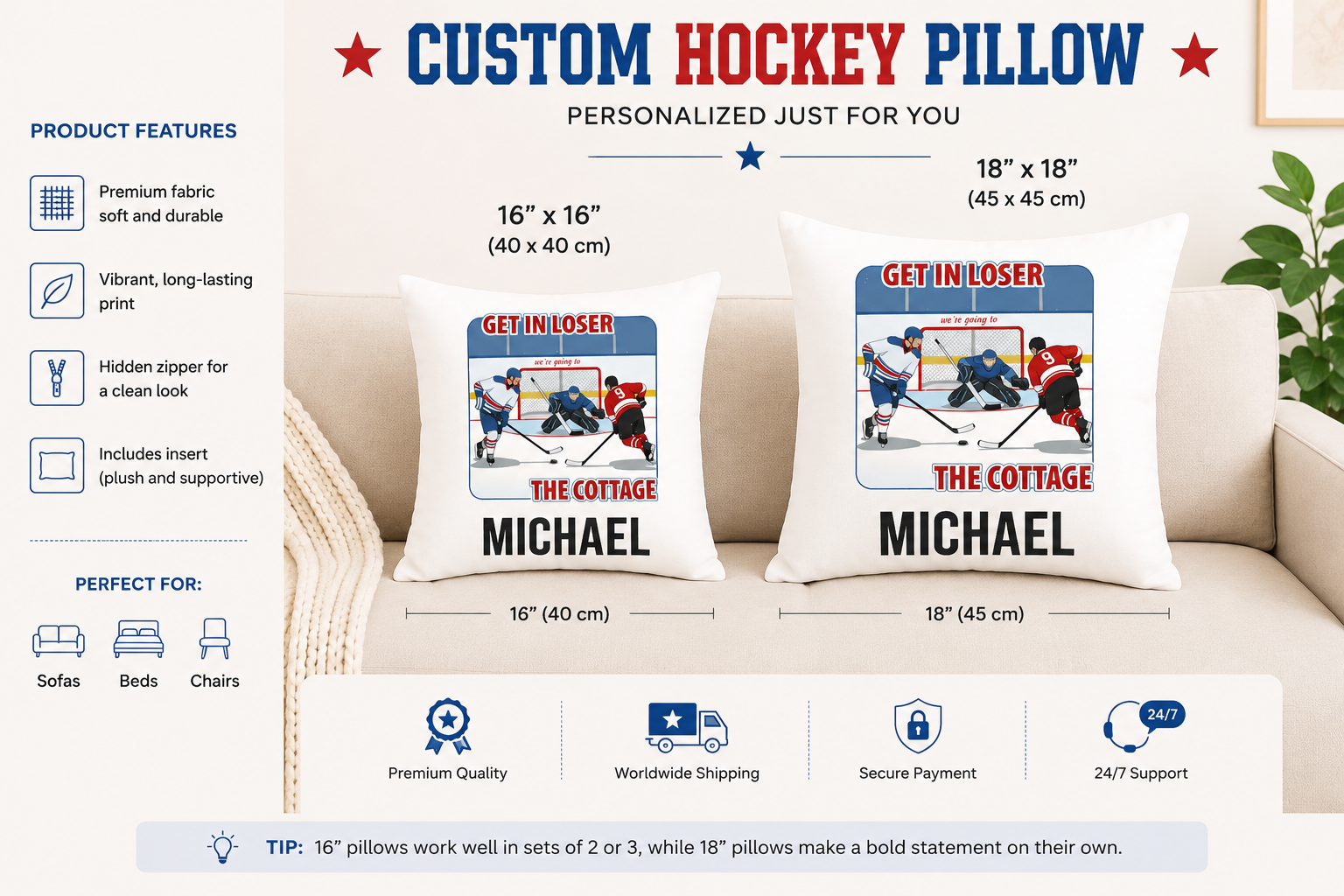 16x16 and 18x18 hockey pillow size comparison