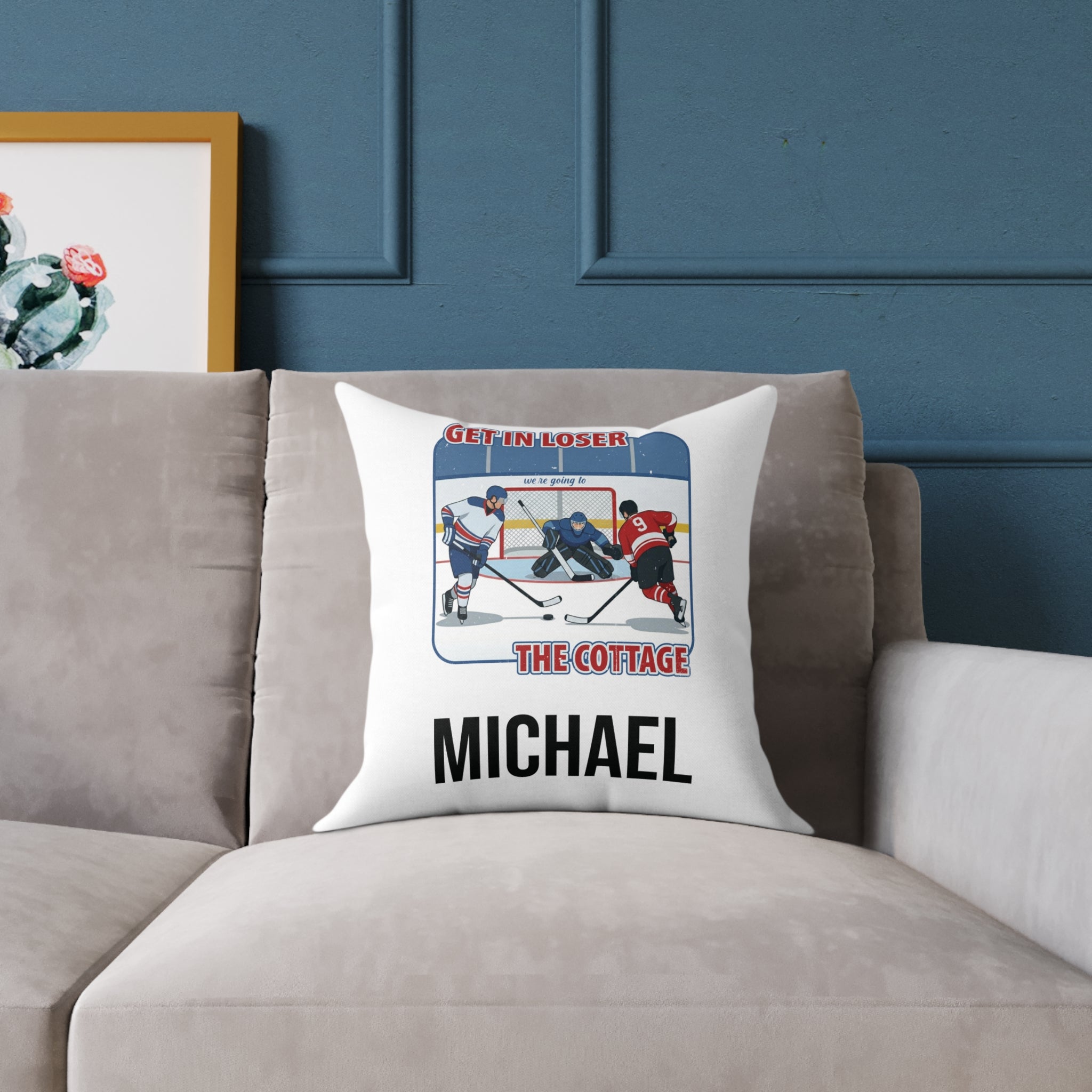 Hockey pillow displayed on a sofa – funny gift for hockey fans
