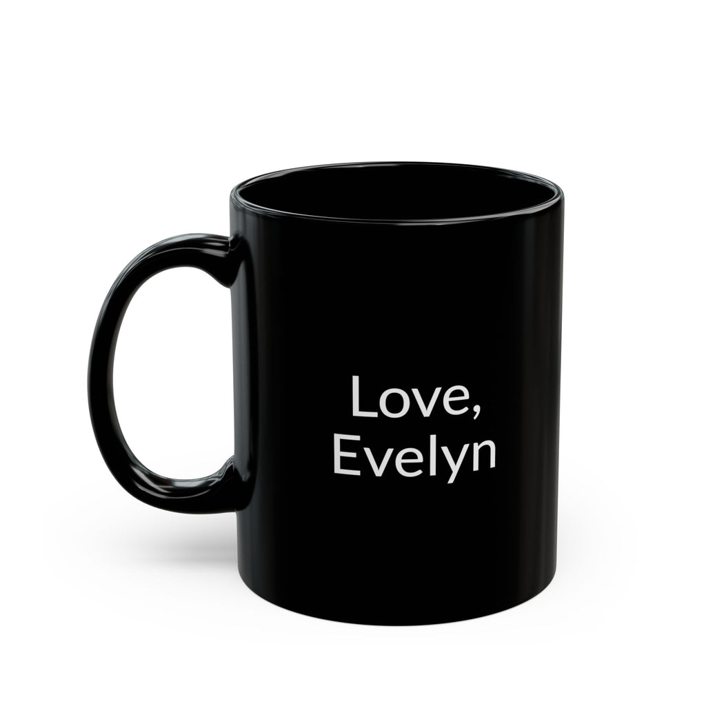 Close-up of red and white lettering on romantic quote mug