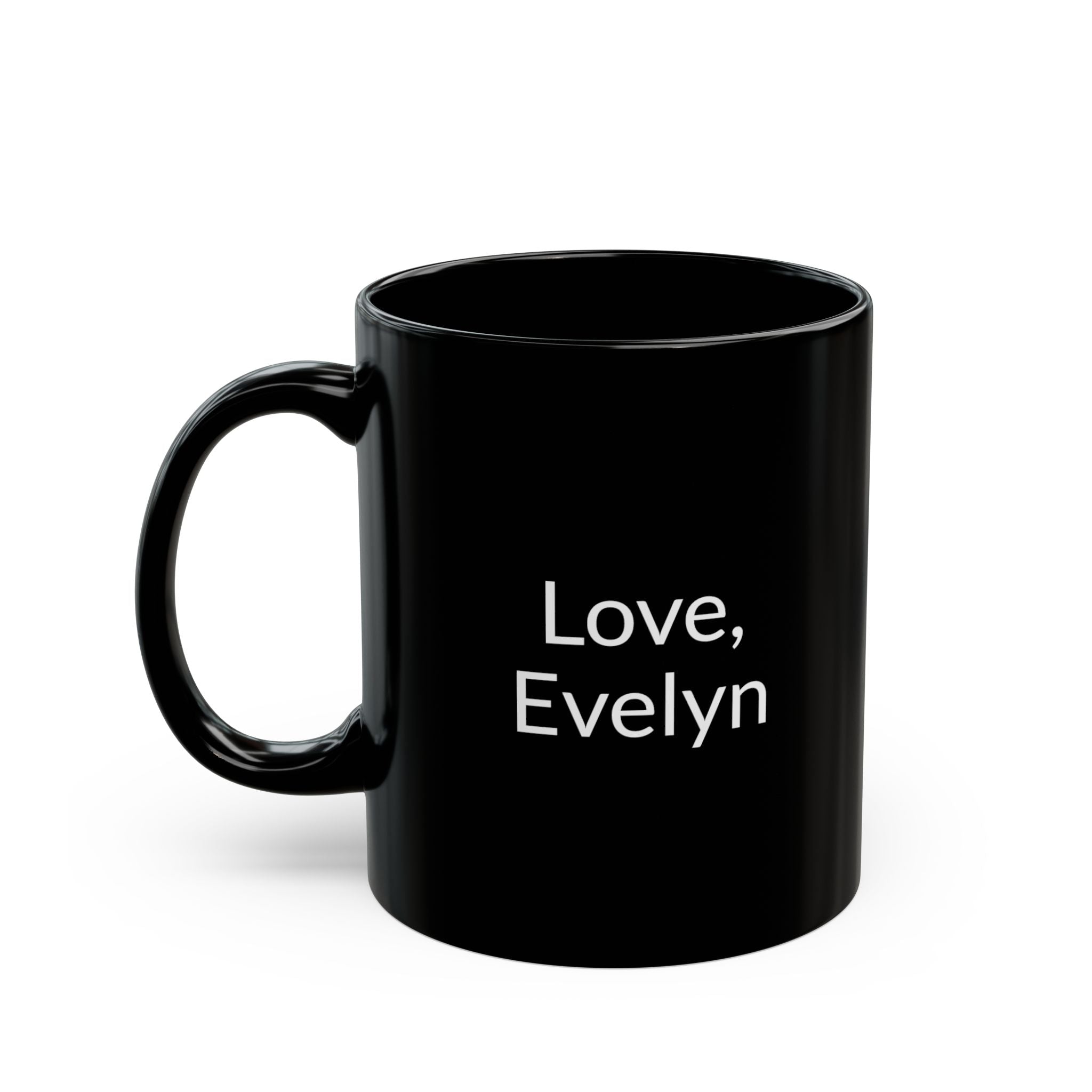 Close-up of red and white lettering on romantic quote mug