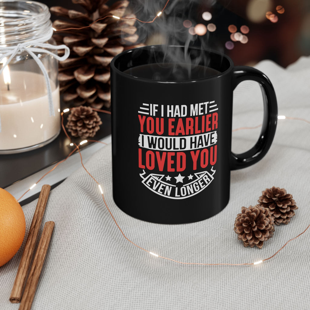 Romantic quote mug with steaming coffee on a cosy table setting