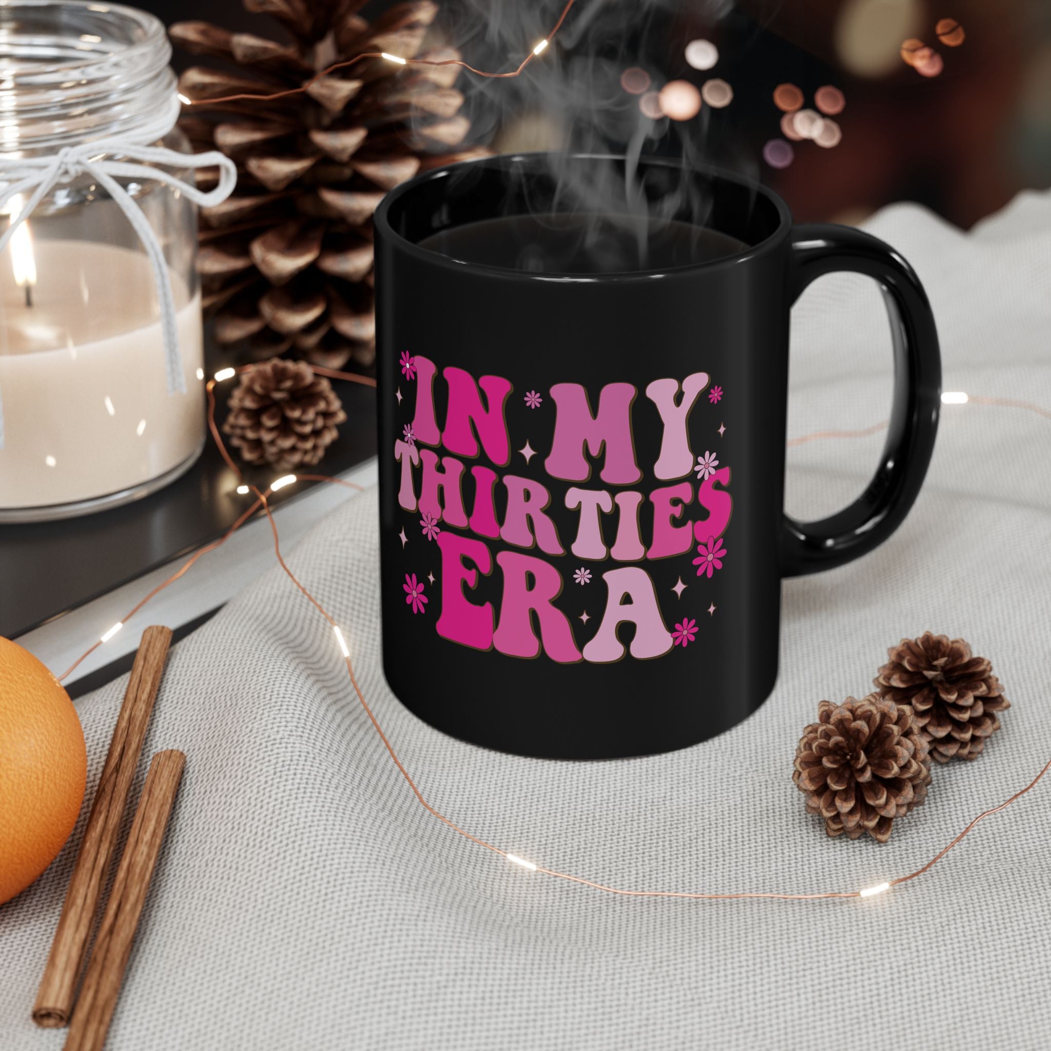In My Thirties Era black mug cosy lifestyle