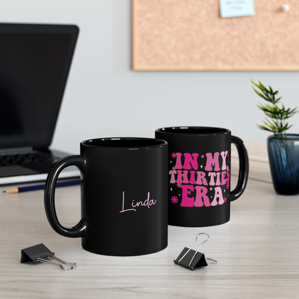 In My Thirties Era black mug desk lifestyle
