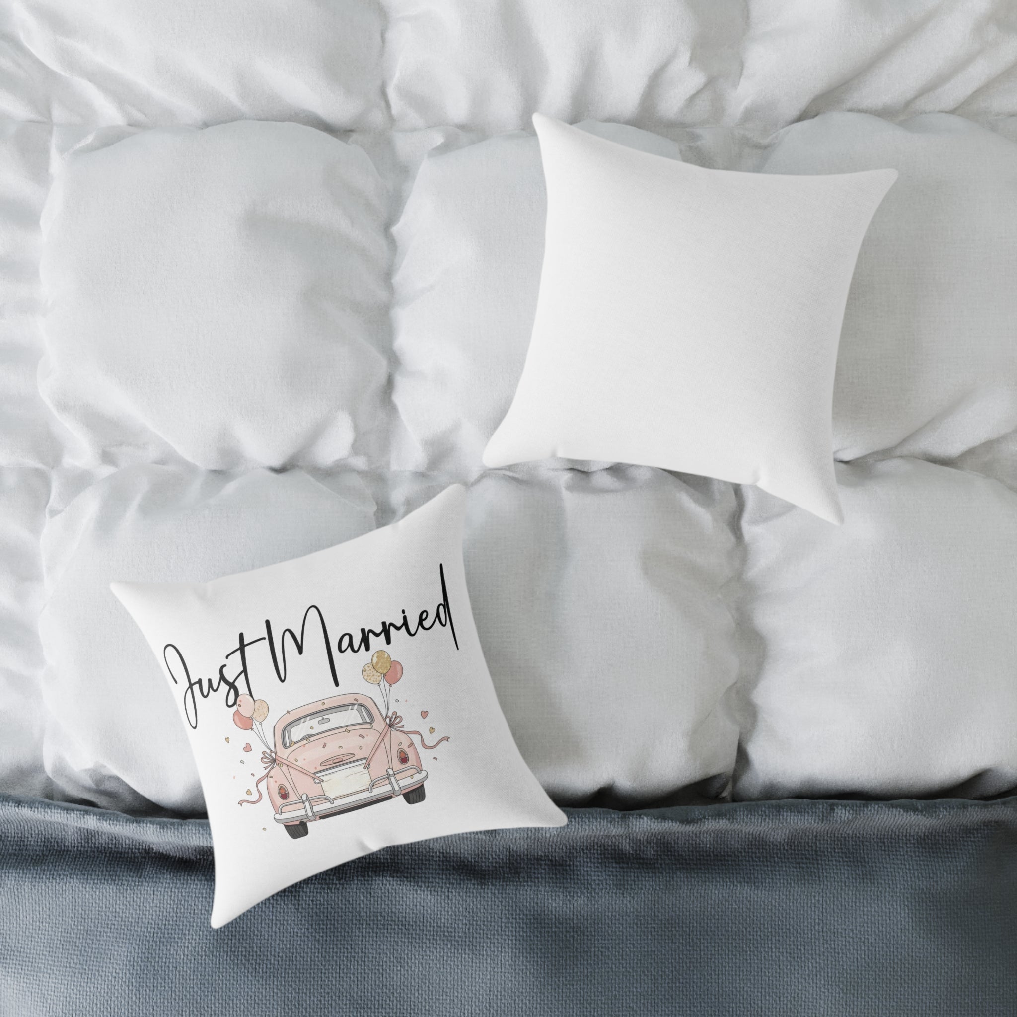 Back view of Just Married white wedding cushion