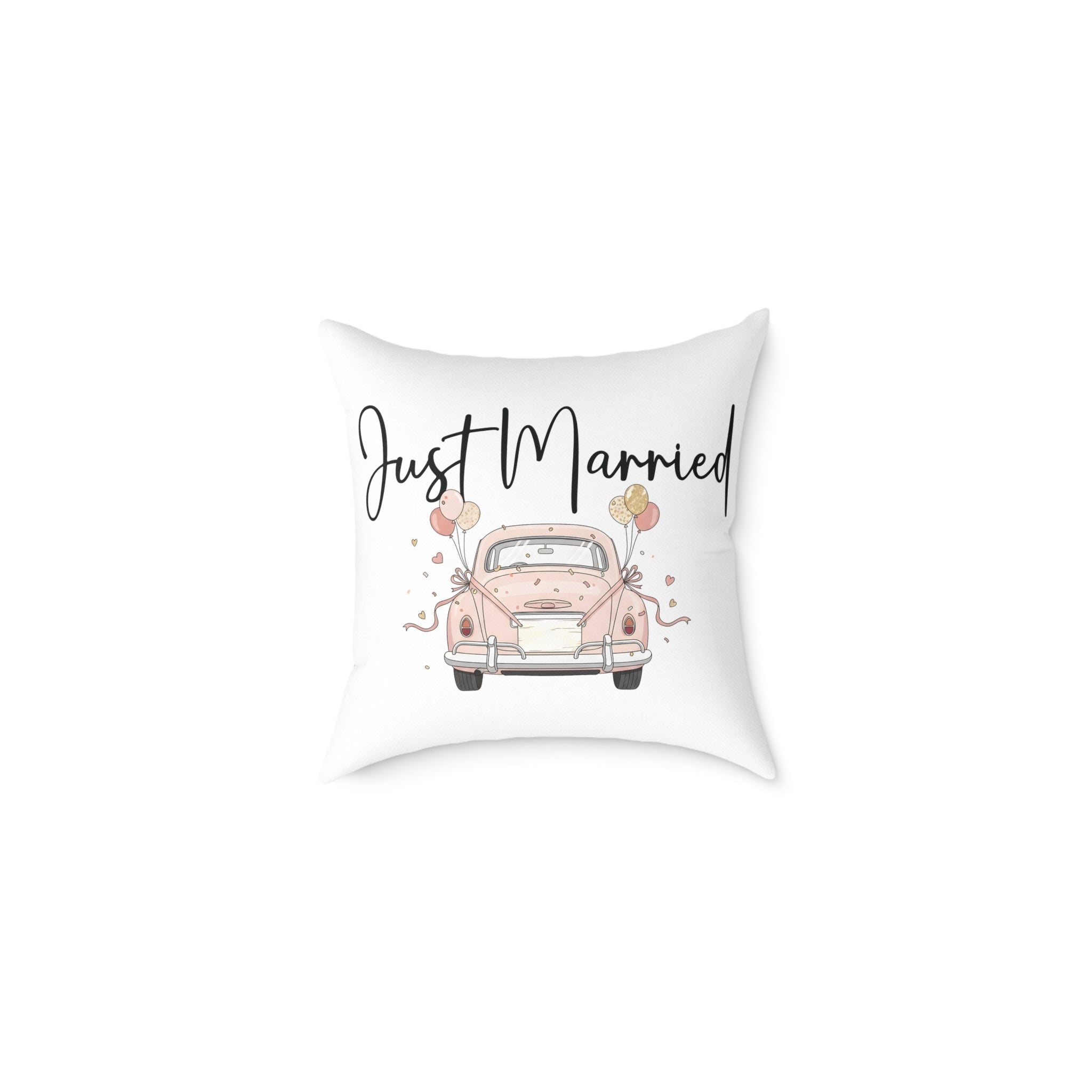 Just Married pillow white – illustrated pink car with balloons, front view