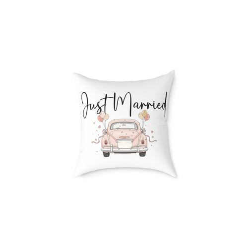 Just Married pillow white – illustrated pink car with balloons, front view