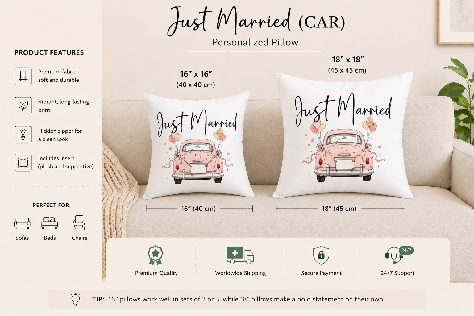 Just Married pillow size comparison – 16x16 and 18x18 inch on sofa
