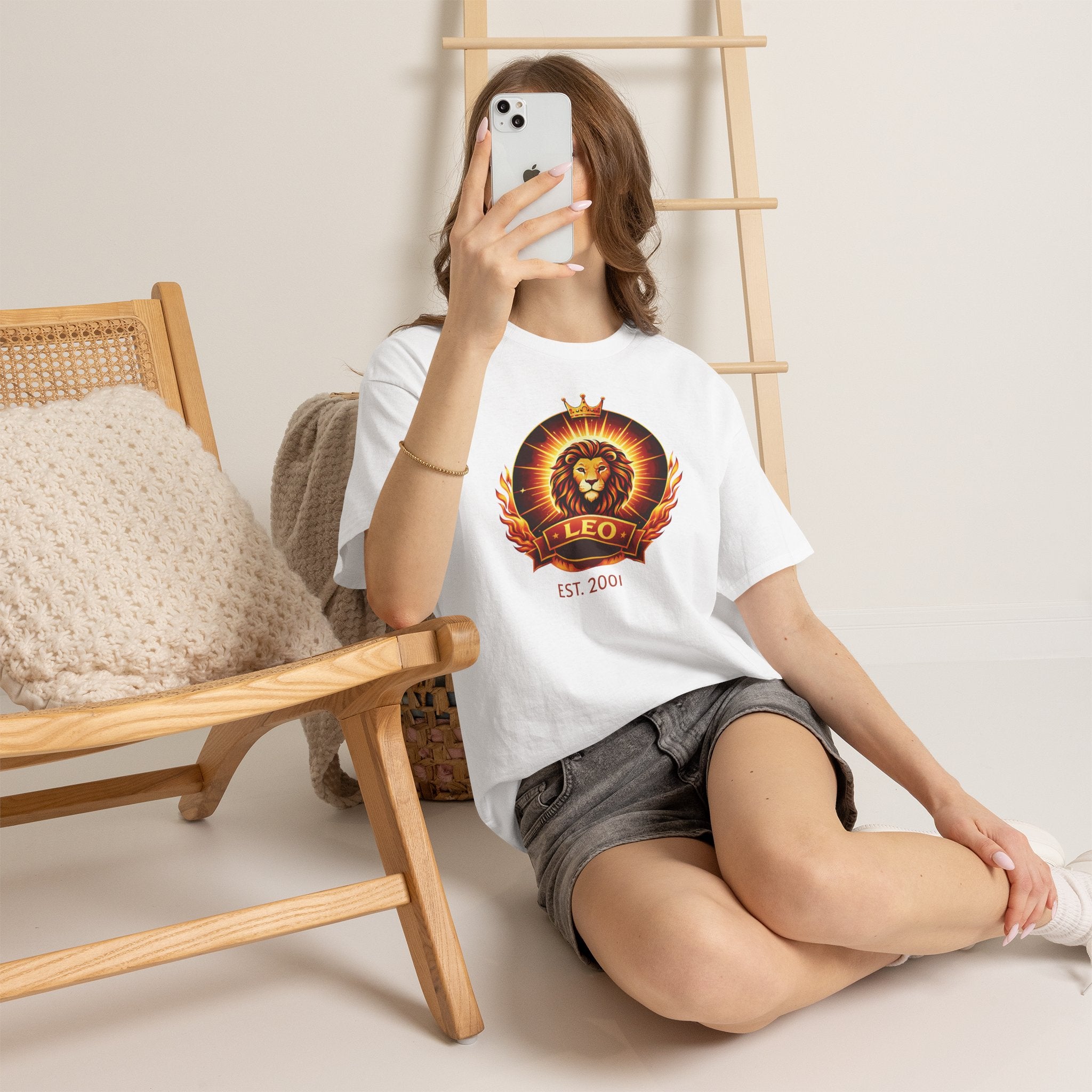 Close-up of ribbed collar and shoulder tape on Leo tee