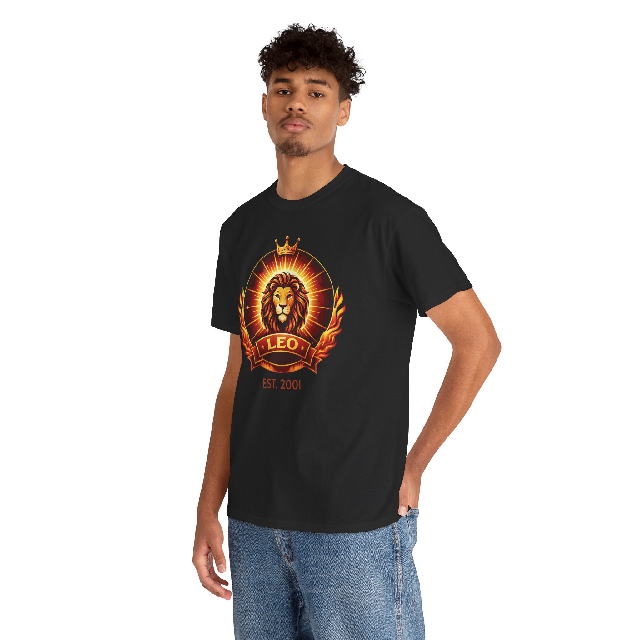 Model wearing personalized Leo zodiac t-shirt, front view