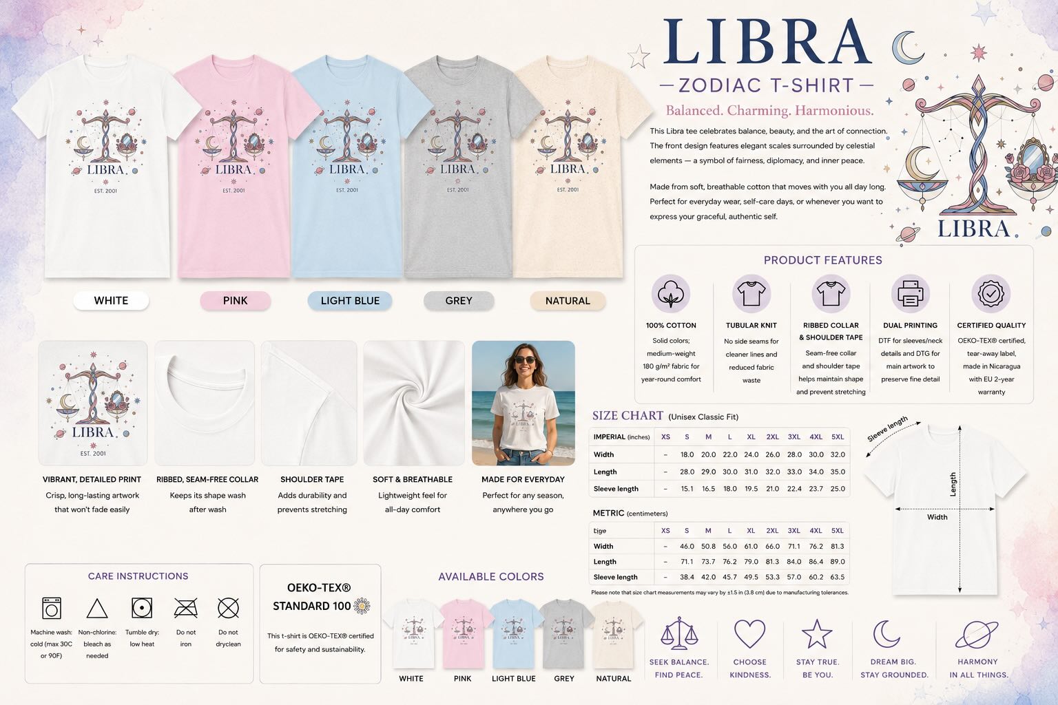 Close-up of personalized EST. year text on Libra zodiac tee