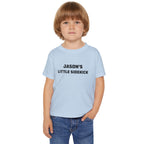 Close-up of Little Sidekick custom name design on toddler tee
