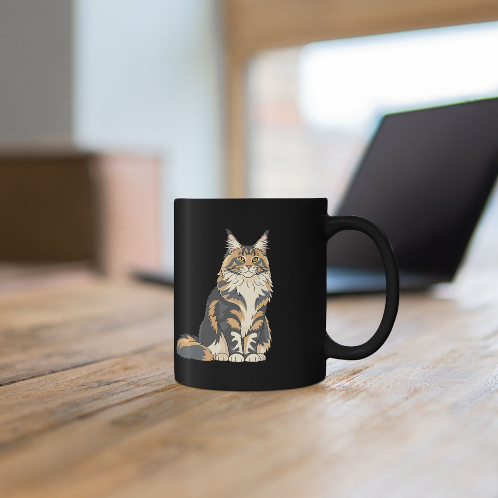 Close-up of Maine Coon cat illustration on personalised black ceramic mug