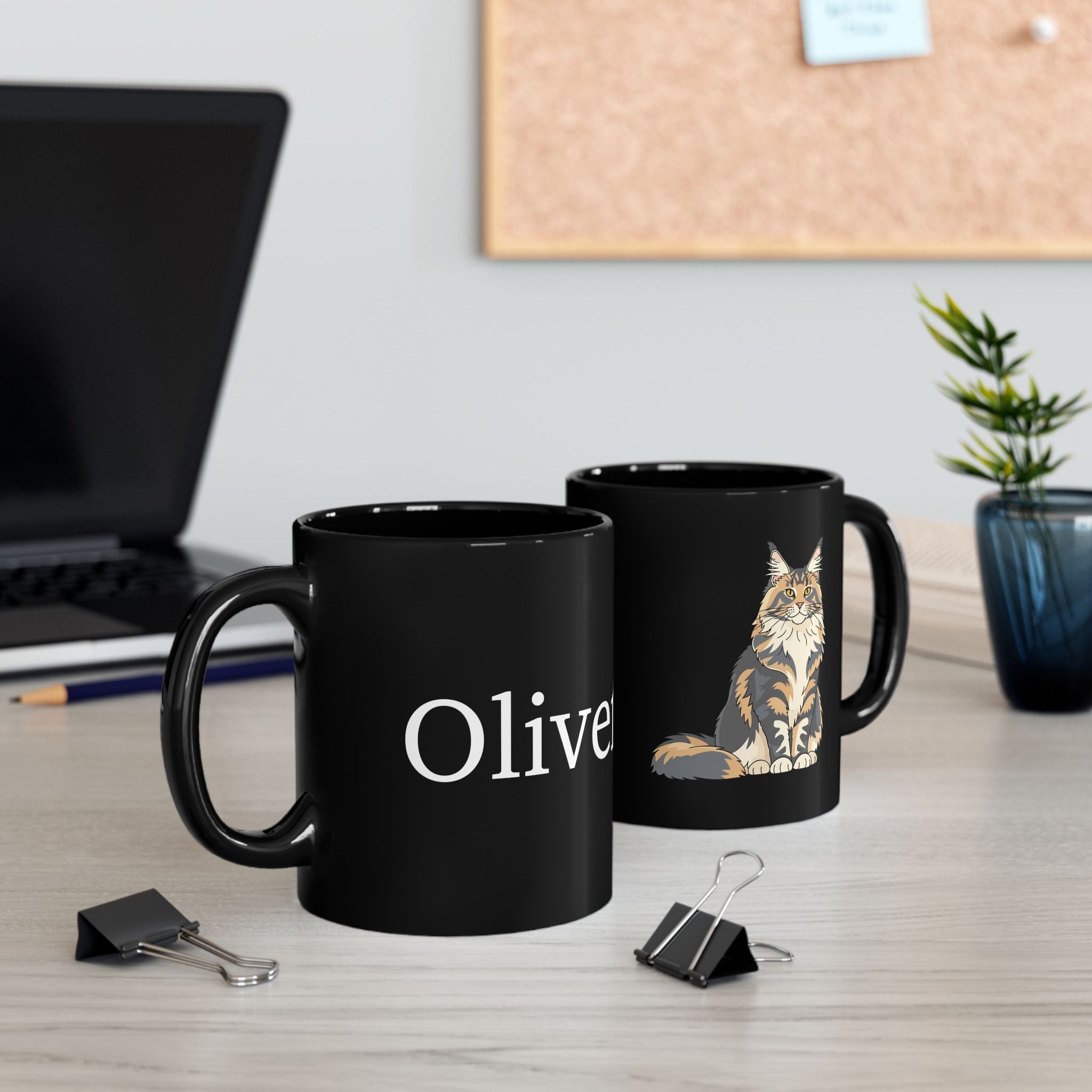 Personalised Maine Coon cat black mug on desk - lifestyle photo
